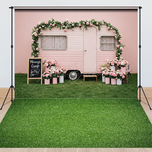 Lofaris Pink Camper Floral Spring Grass Combo Set Backdrop