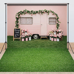 Lofaris Pink Camper Floral Spring Grass Combo Set Backdrop