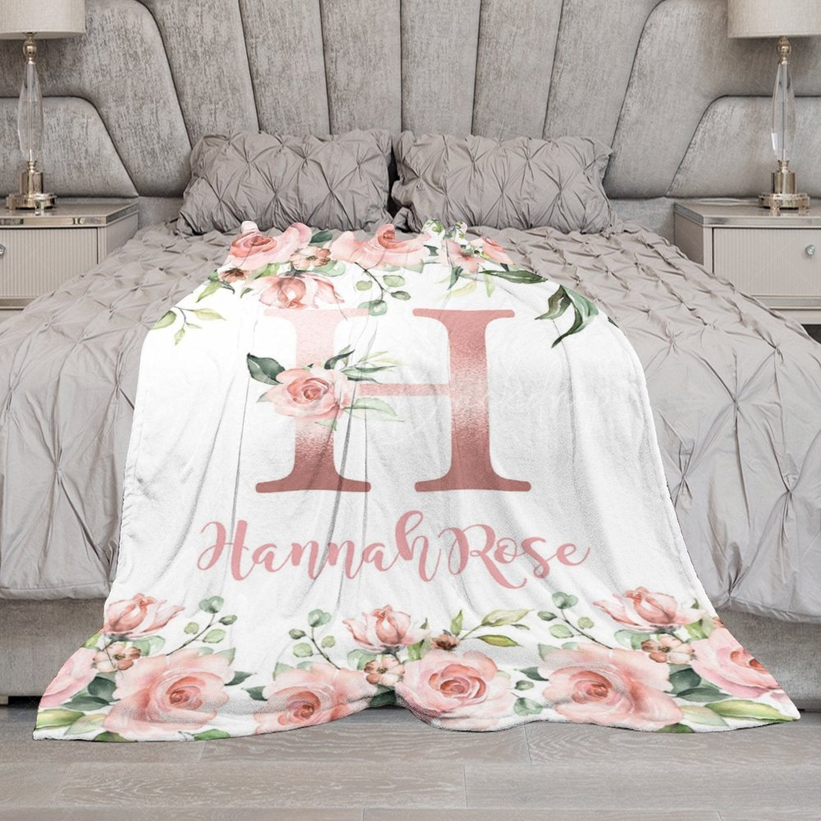 Lofaris Pink Capital Letters Rose Leaves Custom Name Blanket