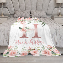 Lofaris Pink Capital Letters Rose Leaves Custom Name Blanket