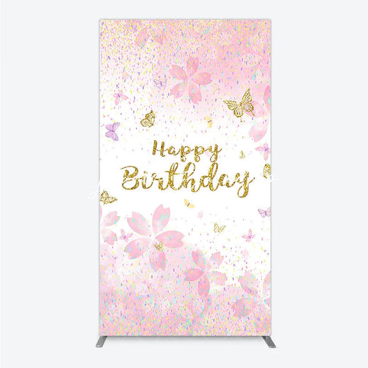 Lofaris Pink Cherry Blossom and Gold Glitter Happy Birthday Rectangle Arch Backdrop Butterfly Confetti Party Decor