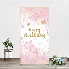 Lofaris Pink Cherry Blossom and Gold Glitter Happy Birthday Rectangle Arch Backdrop Butterfly Confetti Party Decor