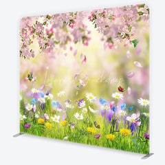 Lofaris Pink Cherry Blossom and Wildflower Meadow Square Double-Sided Backdrop Spring Nature Photography for Studio