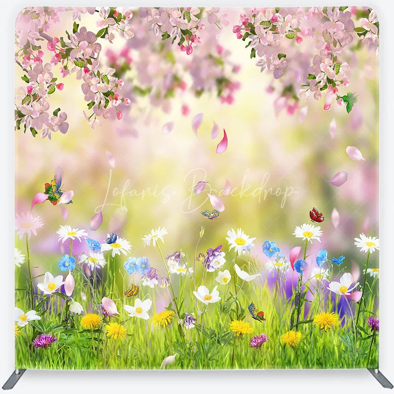 Lofaris Pink Cherry Blossom and Wildflower Meadow Square Double-Sided Backdrop Spring Nature Photography for Studio