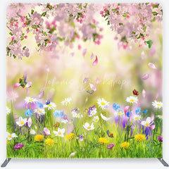 Lofaris Pink Cherry Blossom and Wildflower Meadow Square Double-Sided Backdrop Spring Nature Photography for Studio