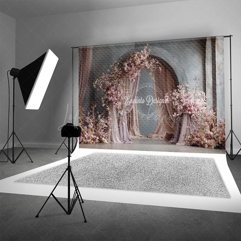 Lofaris Pink Cherry Blossom Arch Photography Backdrop Draped Fabric for Spring Wedding Romantic Photo Background