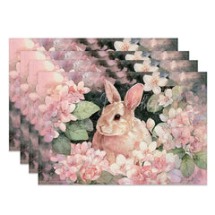 Lofaris Pink Cherry Blossom Bunny Set of 4 Placemats Spring Floral Rabbit Table Mats for Dining Room