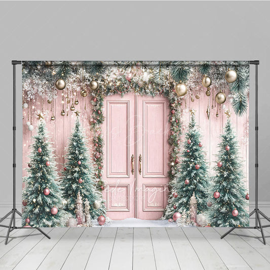 Lofaris Pink Christmas Door Photography Backdrop Flocked Trees with Rose Gold Ornaments Whimsical Holiday Photo Background
