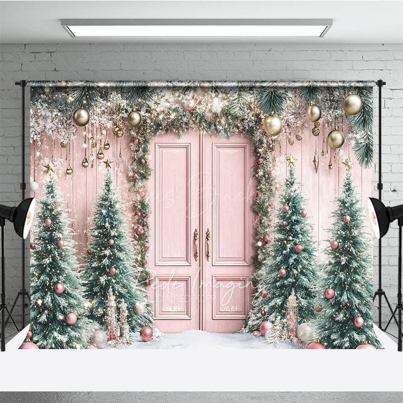 Lofaris Pink Christmas Door Photography Backdrop Flocked Trees with Rose Gold Ornaments Whimsical Holiday Photo Background