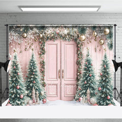 Lofaris Pink Christmas Door Photography Backdrop Flocked Trees with Rose Gold Ornaments Whimsical Holiday Photo Background