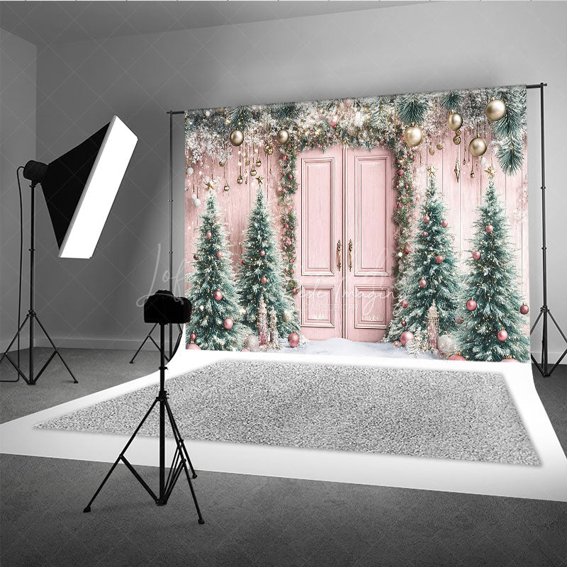 Lofaris Pink Christmas Door Photography Backdrop Flocked Trees with Rose Gold Ornaments Whimsical Holiday Photo Background