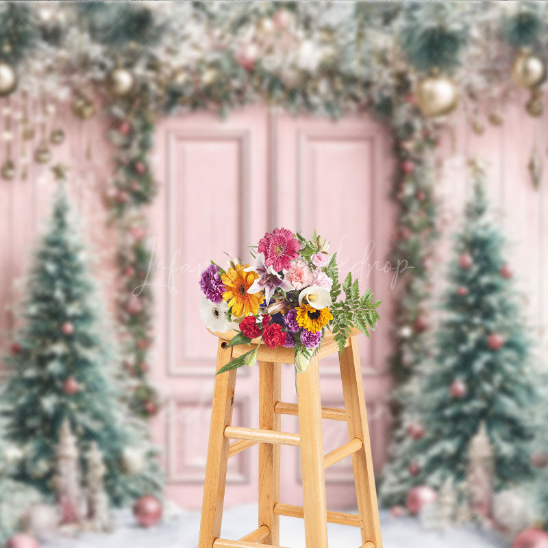 Lofaris Pink Christmas Door Photography Backdrop Flocked Trees with Rose Gold Ornaments Whimsical Holiday Photo Background