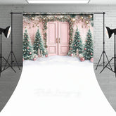 Lofaris Pink Christmas Door Sweep Backdrop Flocked Trees with Rose Gold Ornaments Whimsical Holiday Photo Floor Drop
