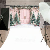 Lofaris Pink Christmas Door Sweep Backdrop Flocked Trees with Rose Gold Ornaments Whimsical Holiday Photo Floor Drop