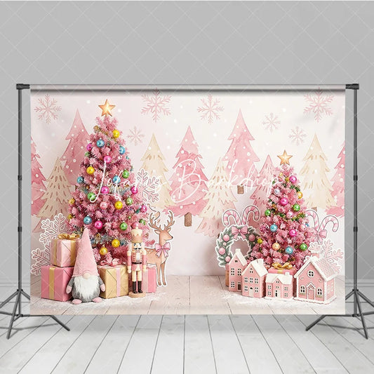 Lofaris Pink Christmas Tree and Nutcracker Holiday Backdrop Pastel Winter Wonderland Gingerbread House Party Decor