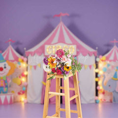 Lofaris Pink Circus Cake Smash Backdrop Cute Clown and Elephant Tent First Birthday Carnival Themed Photography Prop
