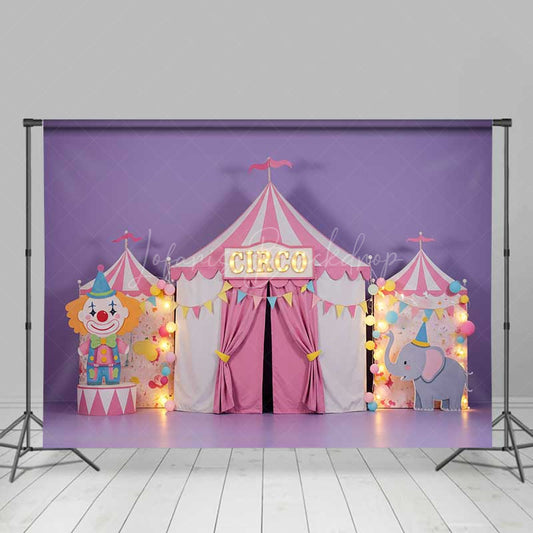 Lofaris Pink Circus Cake Smash Backdrop Cute Clown and Elephant Tent First Birthday Carnival Themed Photography Prop