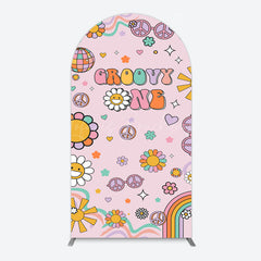 Lofaris Pink Color Floral Groovy One Birthday Arch Backdrop