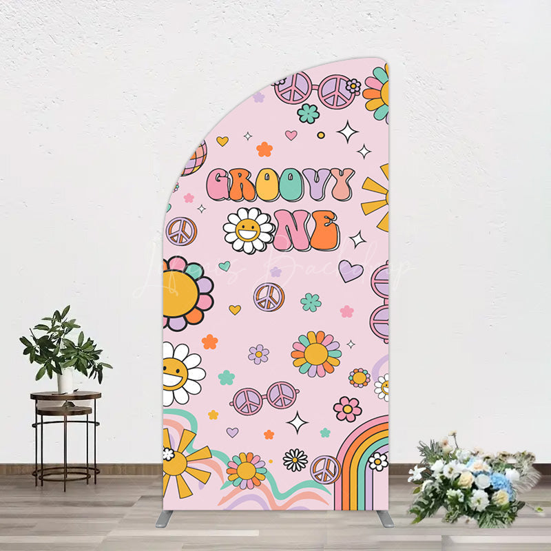 Lofaris Pink Color Floral Groovy One Birthday Half Moon Arch Backdrop