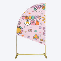 Lofaris Pink Color Floral Groovy One Birthday Half Moon Arch Backdrop