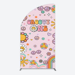 Lofaris Pink Color Floral Groovy One Birthday Half Moon Arch Backdrop