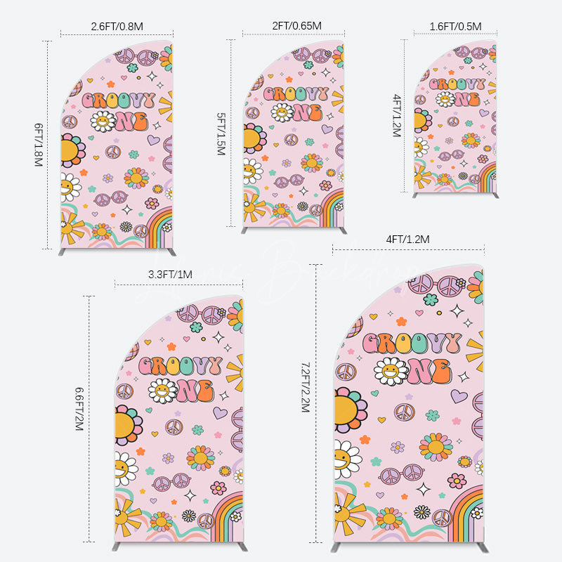 Lofaris Pink Color Floral Groovy One Birthday Half Moon Arch Backdrop