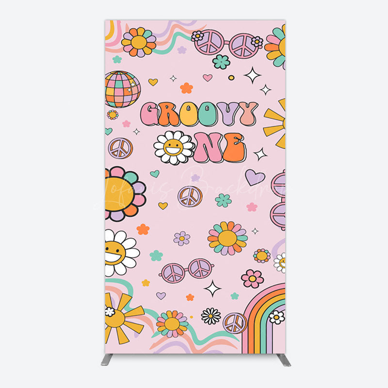Lofaris Pink Color Floral Groovy One Birthday Rectangle Backdrop