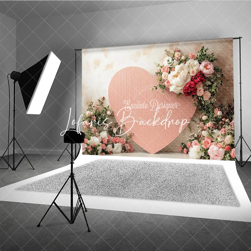 Lofaris Pink Corrugated Heart Floral Photography Backdrop with White Peonies and Red Roses for Valentine’s Day Wedding