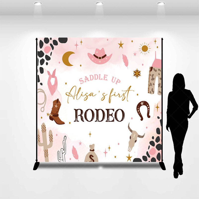 Lofaris Pink Cowgirl First Rodeo Custom Name Birthday Backdrop