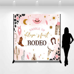 Lofaris Pink Cowgirl First Rodeo Custom Name Birthday Backdrop