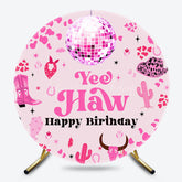 Lofaris Pink Cowgirl Yee Haw Round Happy Birthday Backdrop