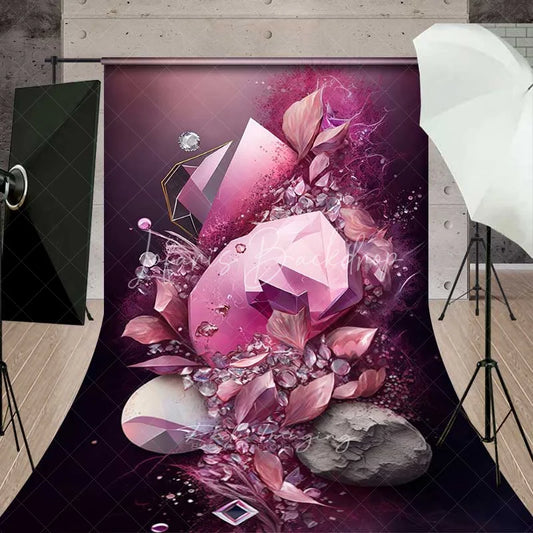 Lofaris Pink Crystal Gemstone and Stylized Leaves Backdrop Dark Plum Abstract Luxury Photography Background