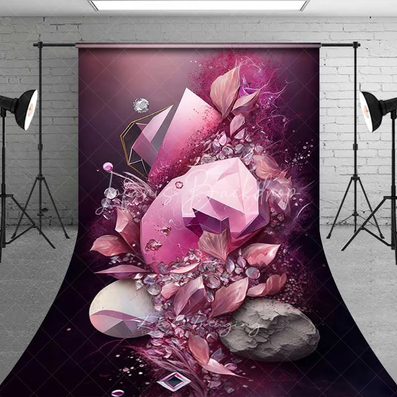 Lofaris Pink Crystal Gemstone and Stylized Leaves Backdrop Dark Plum Abstract Luxury Photography Background