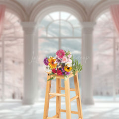Lofaris Pink Curtain Forest White Arch Window Photo Backdrop