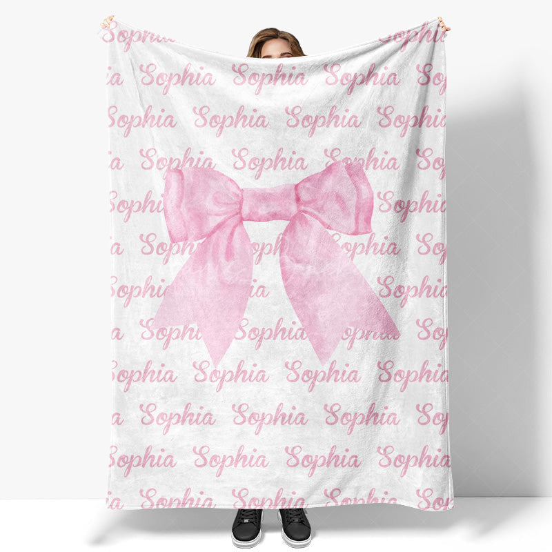 Lofaris Pink Cute Bow Tie Repeated Custom Name Baby Blanket
