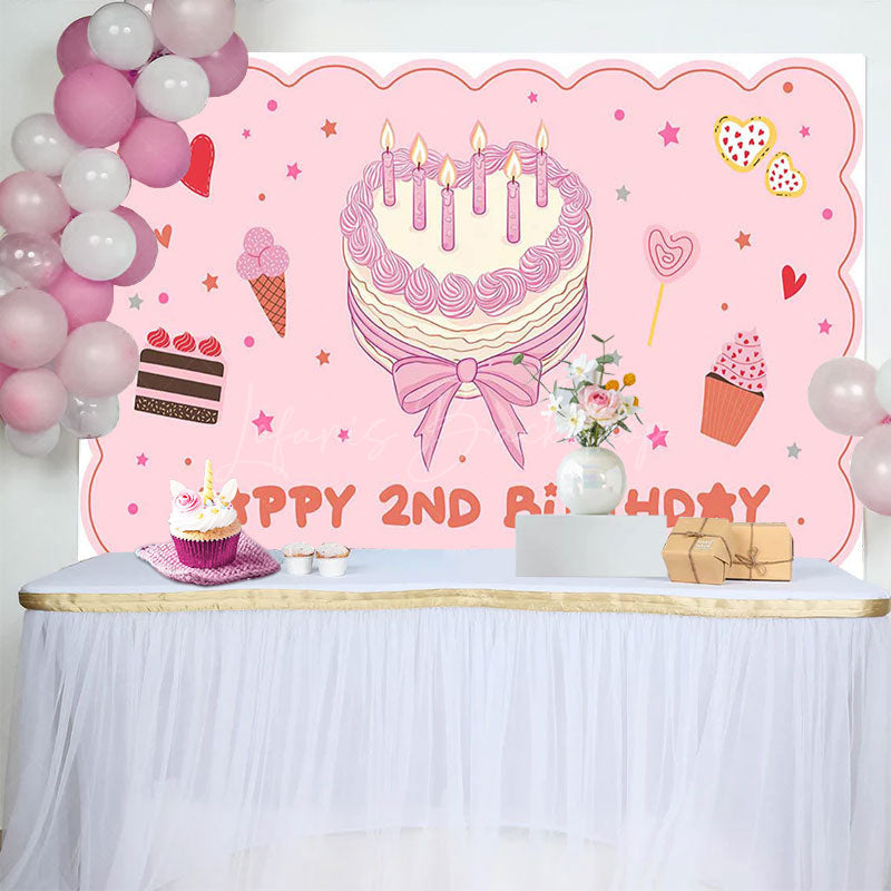 Lofaris Pink Cute Heart Cake Happy 2nd Birthday Backdrop