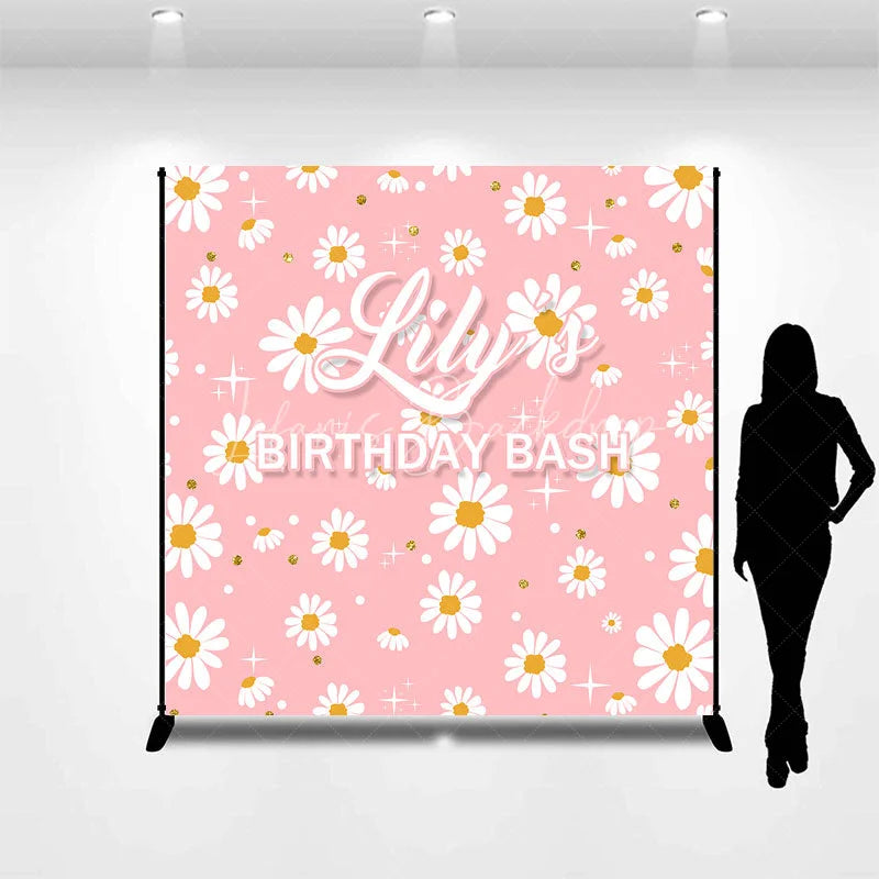 Lofaris Pink Daisy Flowers Custom Backdrop with Gold Glitter and Stars Personalized Name Birthday Party Decor