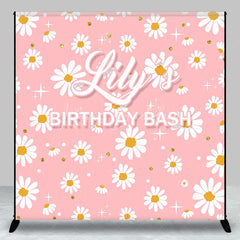 Lofaris Pink Daisy Flowers Custom Backdrop with Gold Glitter and Stars Personalized Name Birthday Party Decor