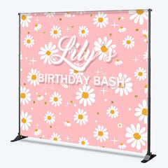 Lofaris Pink Daisy Flowers Custom Backdrop with Gold Glitter and Stars Personalized Name Birthday Party Decor