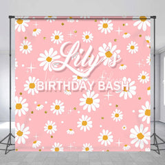 Lofaris Pink Daisy Flowers Custom Backdrop with Gold Glitter and Stars Personalized Name Birthday Party Decor