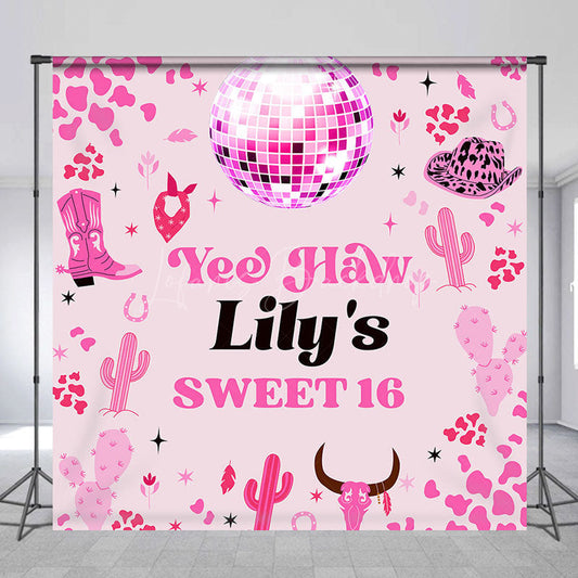 Lofaris Pink Disco Ball Cowgirl Custom Name Sweet 16 Backdrop
