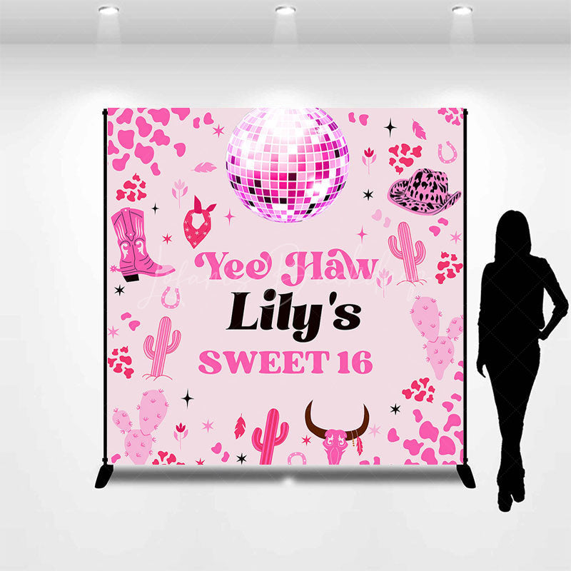Lofaris Pink Disco Ball Cowgirl Custom Name Sweet 16 Backdrop