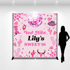 Lofaris Pink Disco Ball Cowgirl Custom Name Sweet 16 Backdrop