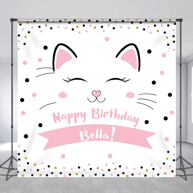 Lofaris Pink Dots Cute Cat Custom Name Birthday Backdrop