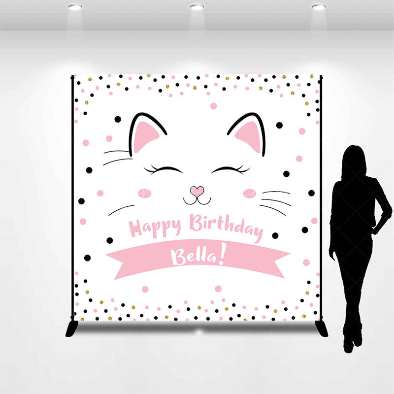 Lofaris Pink Dots Cute Cat Custom Name Birthday Backdrop