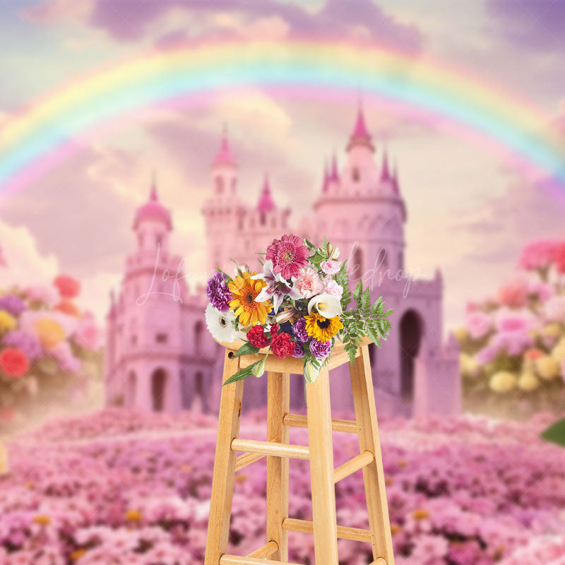 Lofaris Pink Fairy Castle Rainbow Sky Floral Wedding Backdrop