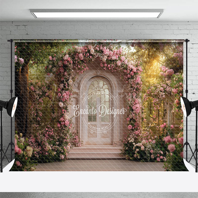 Lofaris Pink Fairy Door Floral Romantic Wedding Backdrop