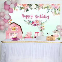 Lofaris Pink Farm Animals Happy Birthday Backdrop for Girls Barnyard Cow and Pig with Tractor Floral Party Photo Prop