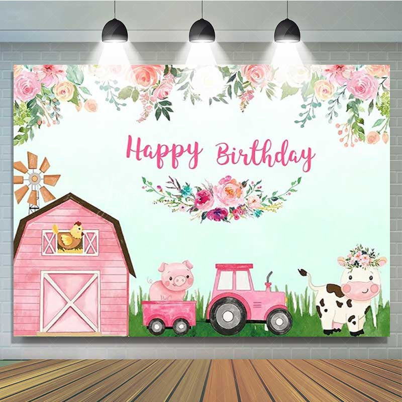 Lofaris Pink Farm Animals Happy Birthday Backdrop for Girls Barnyard Cow and Pig with Tractor Floral Party Photo Prop
