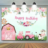 Lofaris Pink Farm Animals Happy Birthday Backdrop for Girls Barnyard Cow and Pig with Tractor Floral Party Photo Prop